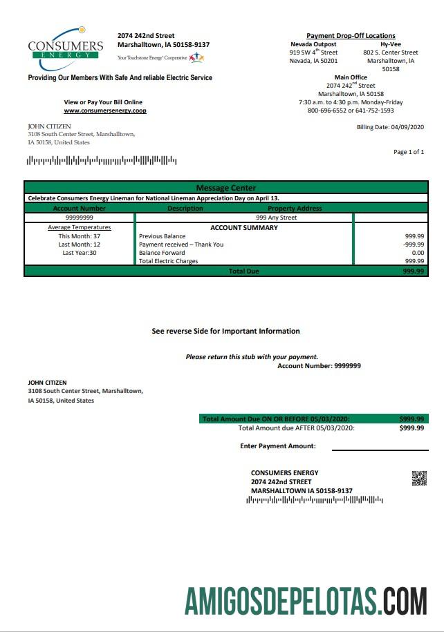 Em branco modelo de conta de serviços públicos de energia para consumidores dos EUA Iowa em formato Word e PDF